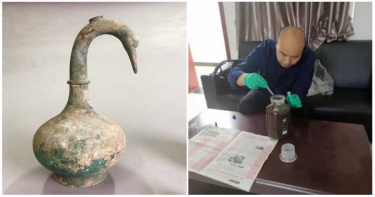 超罕見!河南出土「鵝首曲頸」青銅壺 竟裝3000ml「黃褐色液體」