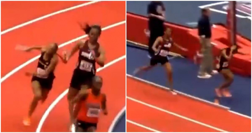 女選手拿接力棒打對手後腦勺。（圖／翻攝X）