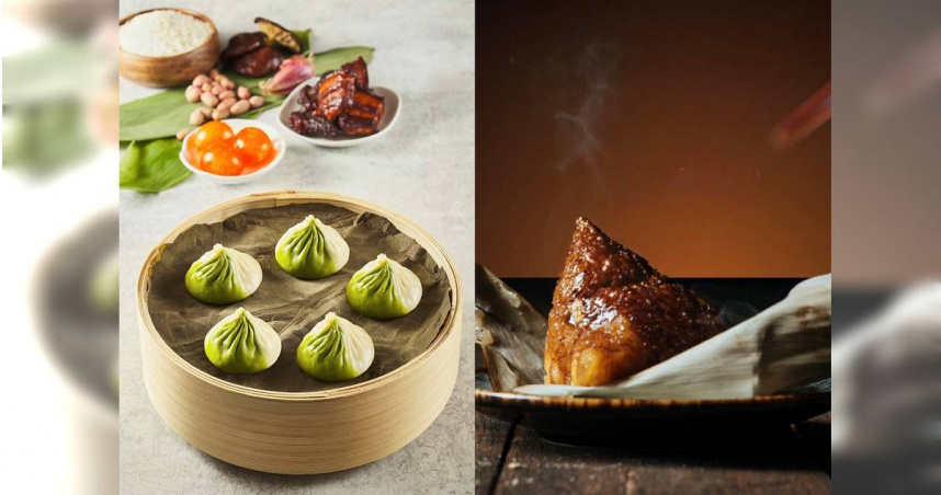 樂天皇朝只送不賣的「台灣粽小籠包」（左）於端午再次回歸，柒息地串燒居酒屋則推出「五花烤肉粽」與「椰香栗子粽」。（各99元，圖／業者提供）