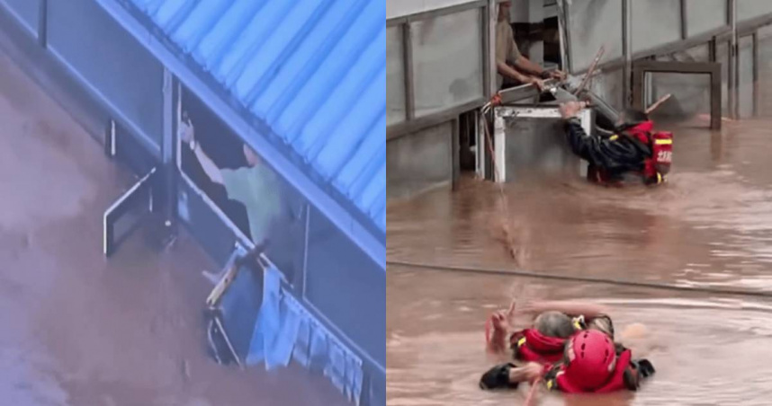 北京密雲區一處養老院有多名長者因洪水受困，消防人員游泳救援。（圖／翻攝微博）
