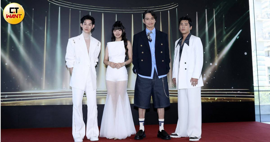 夏和熙（左起）、木木、黃鐙輝、黃迪揚，一同出席《第60屆金鐘獎星光大道主持人記者會。（圖／侯世駿攝）
