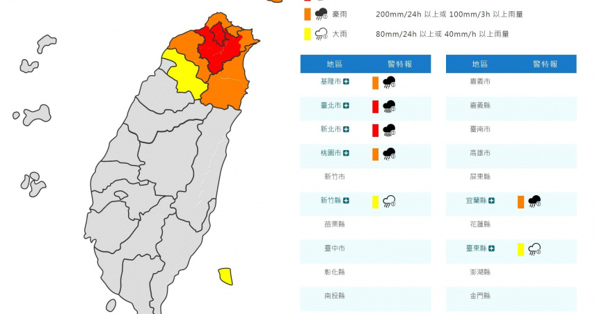 中央氣象署預計於中午啟動「大規模劇烈豪雨作業」。（示意圖／翻攝自中央氣象署）