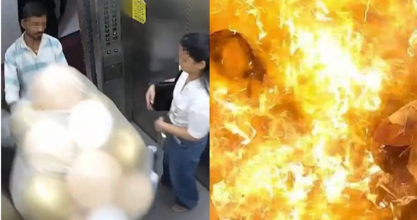 送貨員帶著一袋氫氣氣球搭電梯瞬間爆炸，造成2人燒燙傷。（圖／翻攝自X／pulse_pune）