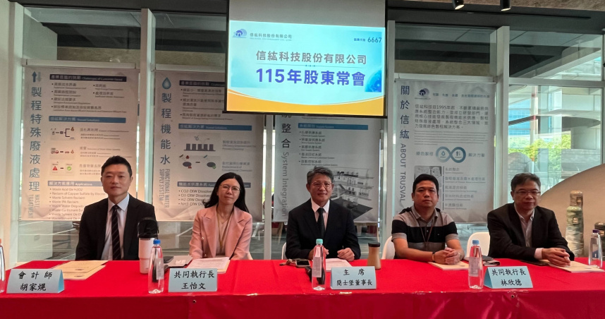 信紘科今日股東會通過配發11.705元現金股利，並順利完成全面改選董事，由簡士堡(右三)續任董事長。（圖／信紘科提供）