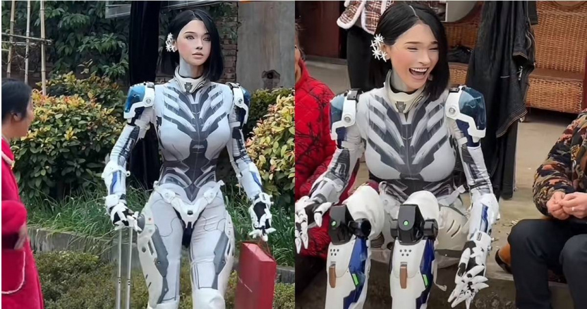 中國1名李姓女子假扮成機器人回老家過年。（圖／擷取自大佬甜Giovanna抖音）