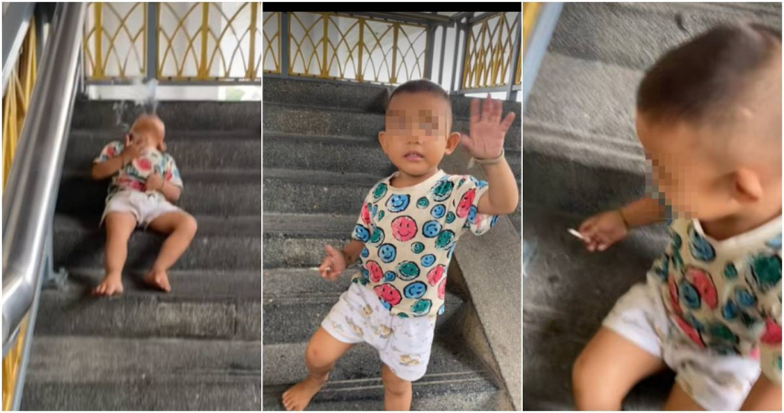 近日，一名年約4、5歲大的男童獨自在曼谷街頭街頭玩耍時，神態自若的抽著香菸，看到路人驚訝拍攝時還露出天真無邪的笑容，反差的畫面引起泰國網友震驚。（圖／翻攝FB／แฟร้งค์' เฟิร์ต）