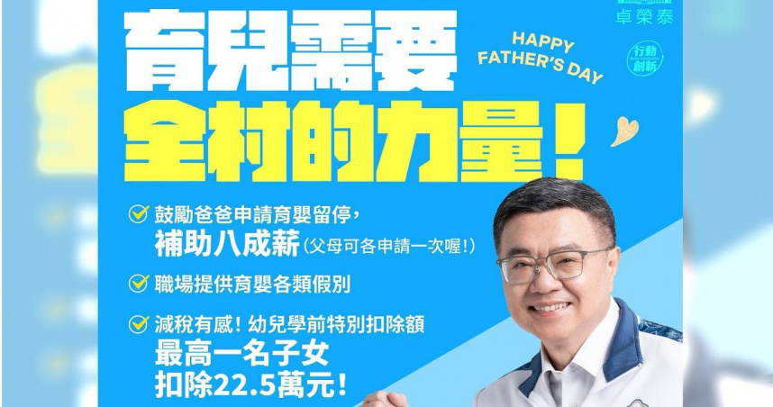 卓榮泰表示，政府推動育嬰留停，從過去給付6成薪提高到8成薪，且父母皆可申請。（圖／取自卓榮泰臉書）