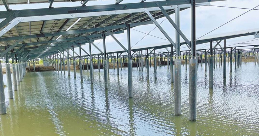 陳菁徽指出，「漁電共生」從一開始就是荒謬笑話。整個魚塭上面蓋滿光電板，遮天蔽日又吸熱，一堆池塘中的加建物，然後宣稱是「養殖為本、綠能加值」，根本就是在挑戰台灣人民智商，圖為魚電共生示意圖（圖／報系資料照）