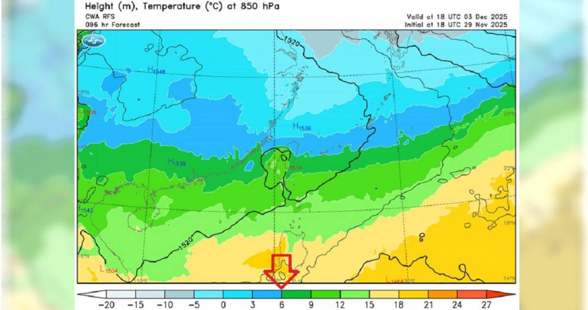 前中央氣象局（現為氣象署）局長鄭明典在臉書分享850百帕高度的溫度預報圖。（圖／翻攝自臉書，鄭明典）