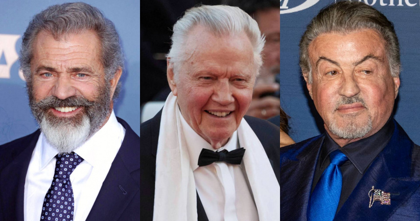 左起依序是梅爾吉布森（Mel Gibson）、喬恩沃伊特（Jon Voight）和西席維斯史特龍（Sylvester Stallone）。（合成圖／達志／美聯社）