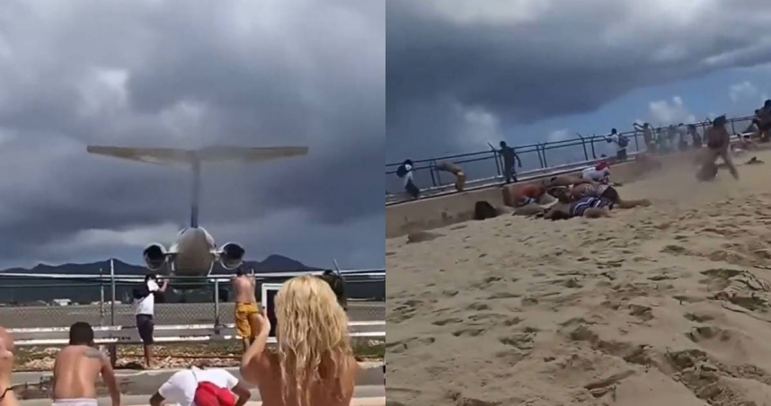 遊客為了拍攝飛機起飛畫面，遭到噴射氣流吹入海中。（圖／翻攝自X）