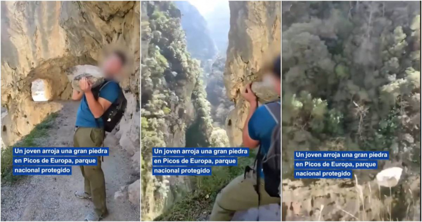近日，一名年輕遊客在西班牙國家公園的懸崖上，搬起一塊大石頭往峽谷中，此舉可能讓他吃上最高20萬歐元（約新台幣680萬元）的鉅額罰單。（圖／翻攝Tiktok）