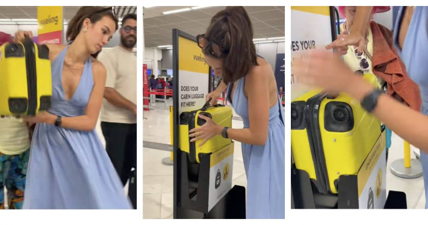 Arina在機場強行將行李塞入測量框，以躲過高額行李罰金，現場畫面驚呆工作人員。（圖／翻攝自 TikTok）