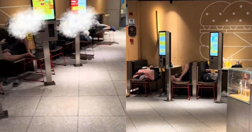 大陸上海某家麥當勞有大批顧客在座位區脫鞋睡覺。（圖／翻攝自微博／被迫修改暱稱）