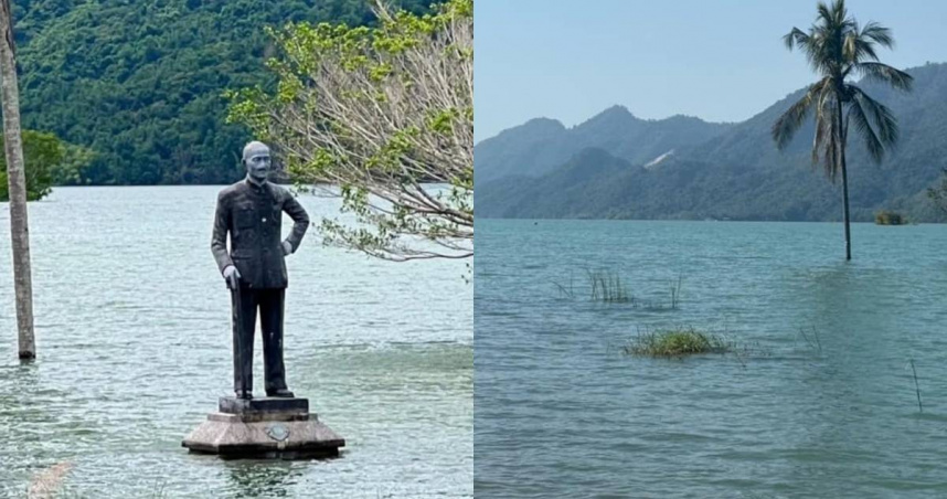 網友分享，放在曾文水庫的蔣介石銅像因地震，沒入水中。（圖／民眾吳宗霖授權提供）