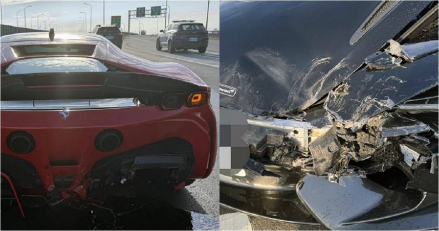 台86線快速道路東向7.9K，2日上午7時許發生一起車禍。一輛黑色麥拉倫765LT與前方紅色法拉利SF90發生追撞。（圖／翻攝畫面）