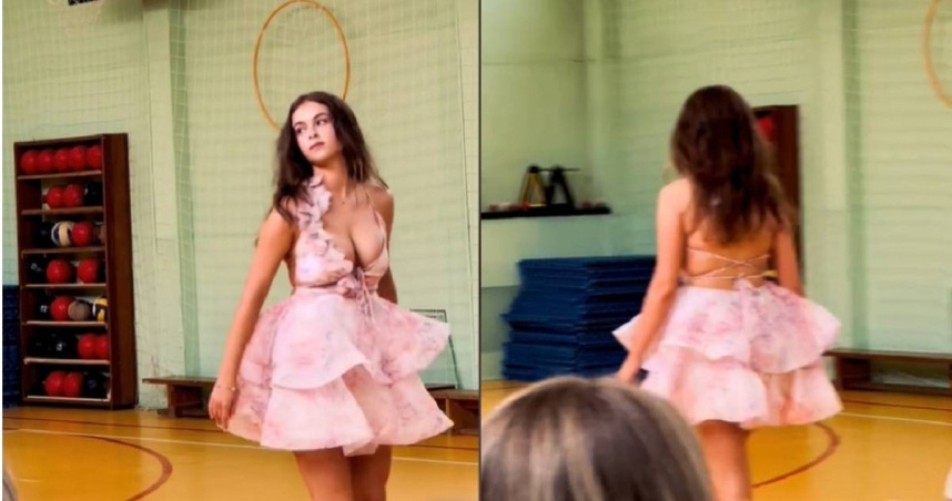 俄羅斯一名正妹女學生維多利亞（Victoria）在畢業舞會上的服裝太火辣，遭校長當眾勸導，但她本人及其家長都不認為有何不妥。（圖／翻攝自TikTok／vikssshin）