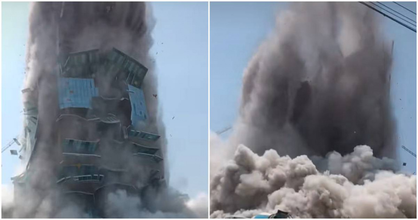 曼谷恰圖恰一棟高樓建築瞬間被震垮，建築大廈直接被夷為平地，現場大量粉塵衝天，嚇得現場工人紛紛四處逃竄。（圖／擷取自Facebook）