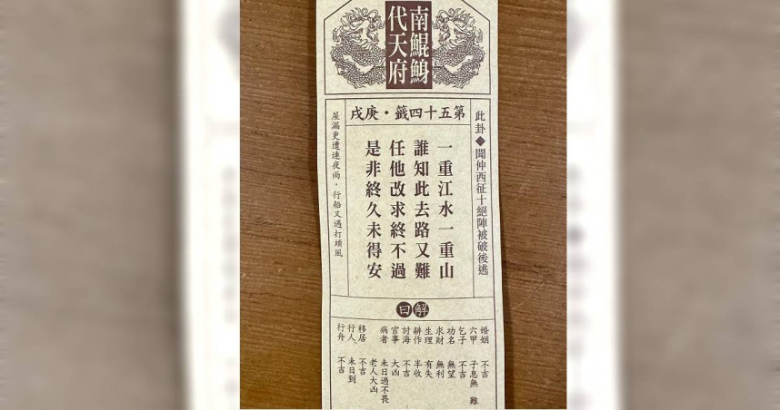 台南南鯤鯓代天府牌樓被吹垮,民眾聯想今年初代天府抽出的一張「國運下下籤」,對應此次天災。(圖/翻攝Threads)