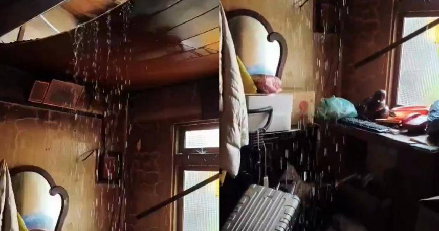 台南地區28日下大雨，後壁、白河地區淹水嚴重，沿海在丹娜絲颱風受損的房屋用帆布覆蓋的屋頂不堪大雨漏水，造成屋內下小雨。（圖／民眾提供）