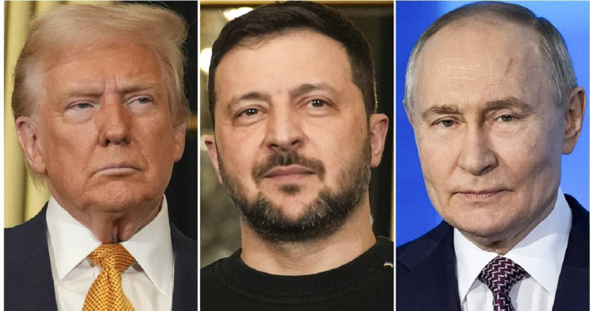 由左至右為美國總統川普、烏克蘭總統澤倫斯基、俄羅斯總統普丁。（圖／達志／美聯社）