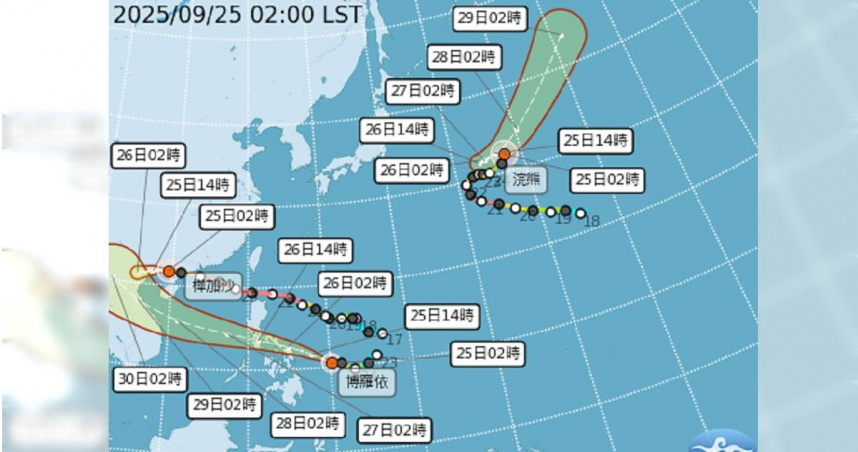 颱風「樺加沙」將經廣西、進入越南北部，而「浣熊」和「博羅依」均對台無影響。（圖／中央氣象署）