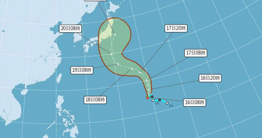 熱帶性低氣壓TD28今（16日）有機會進一步增強為颱風「杜鵑」。（圖／氣象署）