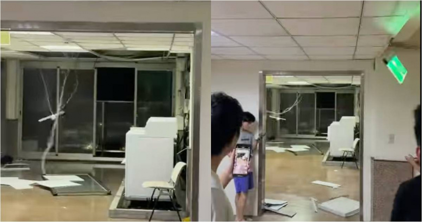 文化大學宿舍玻璃門被強風吹破。（圖／翻攝Threads／@jason___.0214）