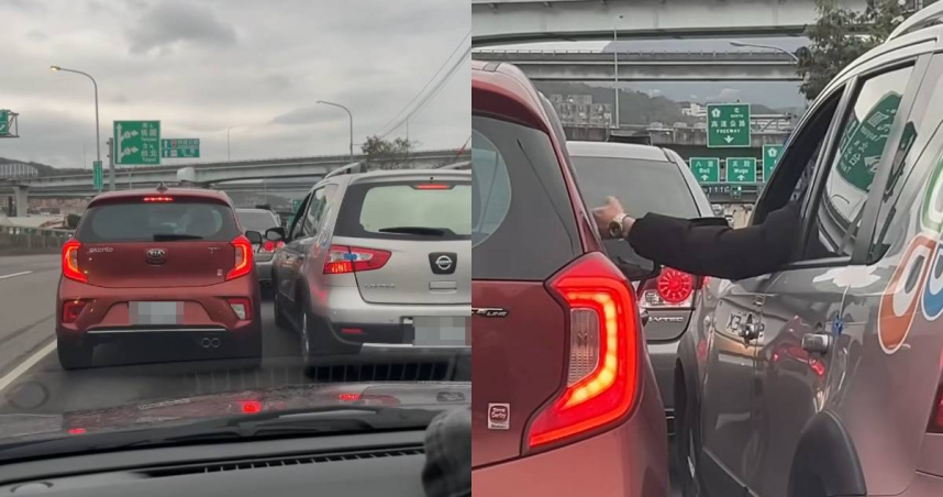 五股交流道上，紅車試圖插隊，銀車堅決不讓，造成2車並行的場面。（圖／翻攝自臉書／爆料公社）