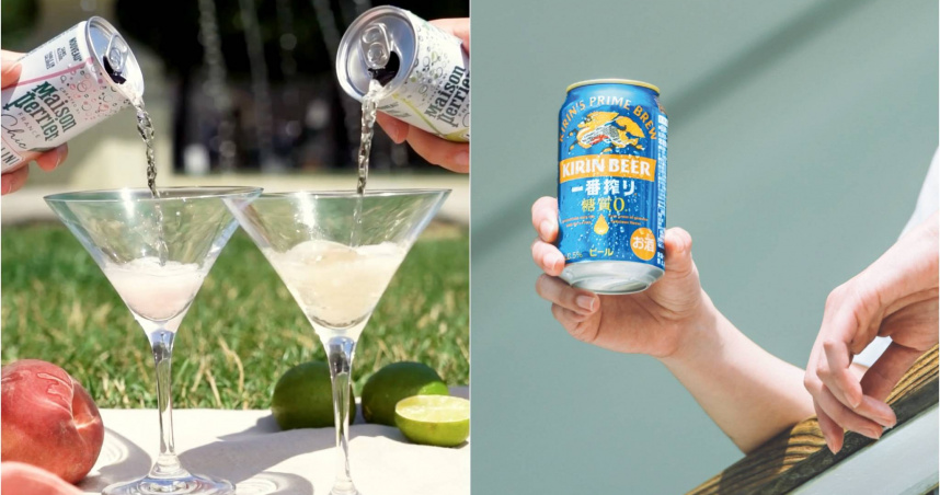 沛綠雅「Maison Perrier Chic沛綠雅氣泡雞尾酒風味飲」（左）主打低卡低糖，KIRIN「一番搾零糖質」適合日常小酌。（圖／沛綠雅、台灣麒麟提供）