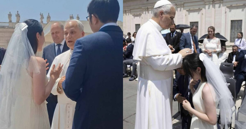 教宗良十四世於11日的公開教理講授與接見中，接見了來自台灣的一對新婚夫婦。（圖／翻攝自臉書／Taiwan in Holy See 駐教廷大使館）