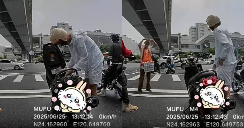一名男騎士在停等紅燈時,掏出1000元大鈔購買玉蘭花。(圖/翻攝自Threads/@j_cat_2025)
