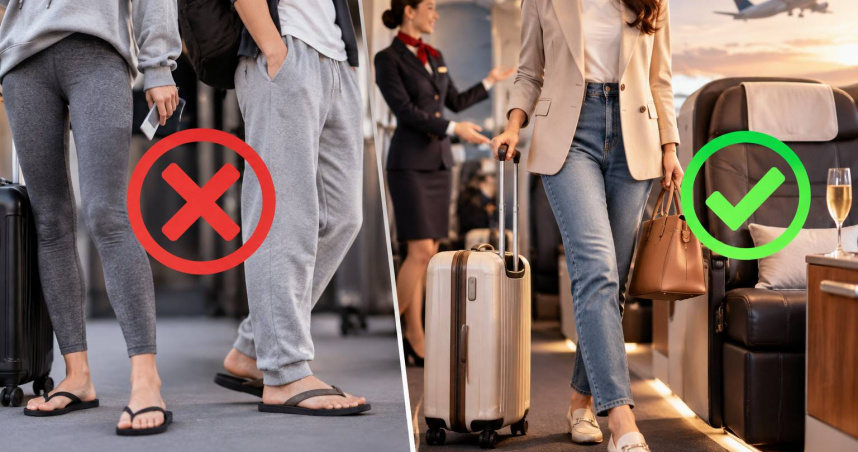 前空服員貝丁分享免費升等頭等艙的穿搭眉角，提醒內搭褲、運動棉褲、夾腳拖及涼鞋都可能成為扣分項。（示意圖／AI生成）
