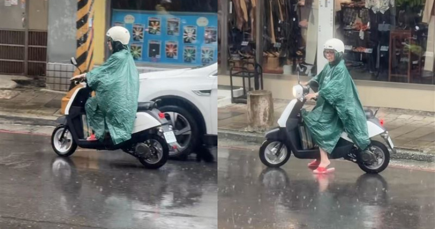 王彩樺穿紅白拖，穿雨衣騎機車。（圖／翻攝自王彩樺IG）