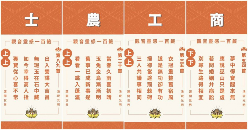 新北市蘆洲湧蓮寺士農工商四籤。（圖／翻攝湧蓮寺臉書）