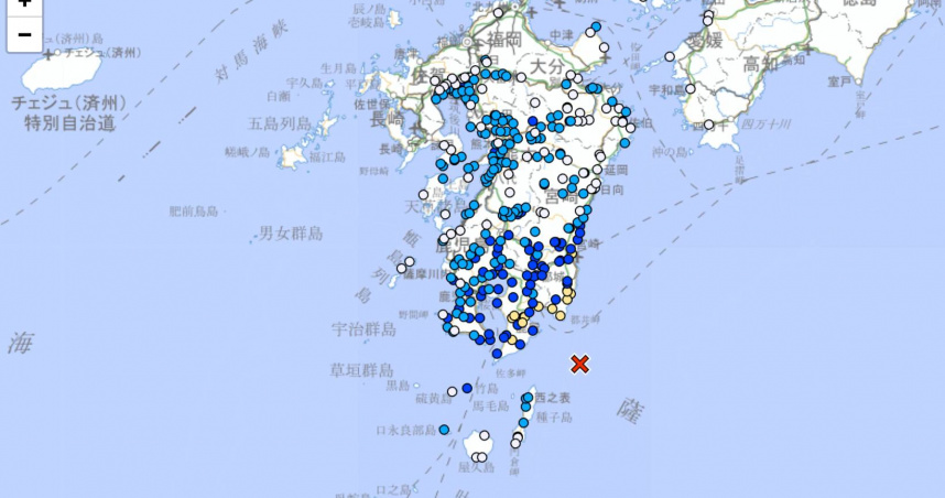 日本宮崎縣昨晚發生4級地震。（圖／翻攝日本氣象廳）