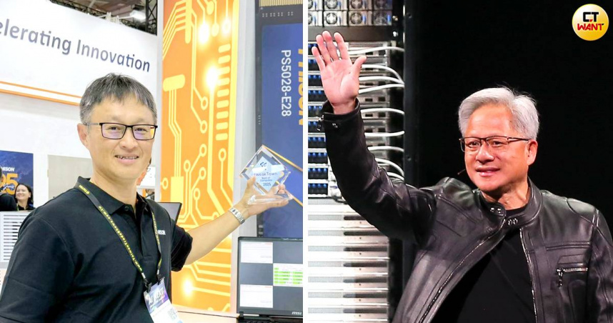 輝達執行長黃仁勳今年5月，在台北COMPUTEX展示的最新供應鏈背板上，也首度出現台灣記憶體模組廠群聯。（圖／報報系資料照、翻攝自群聯電子臉書）