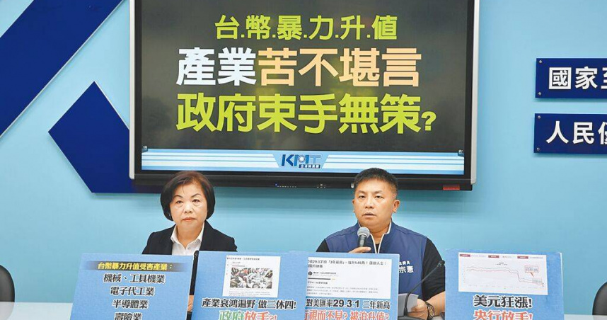 國民黨立委吳宗憲（右）、楊瓊瓔（左）27日舉行「台幣暴力升值，產業苦不堪言，政府束手無策？」記者會，指出台幣暴力升值，造成機械、工具機業等產業受害並哀鴻遍野，政府卻束手無策。（圖／中國時報姚志平攝）