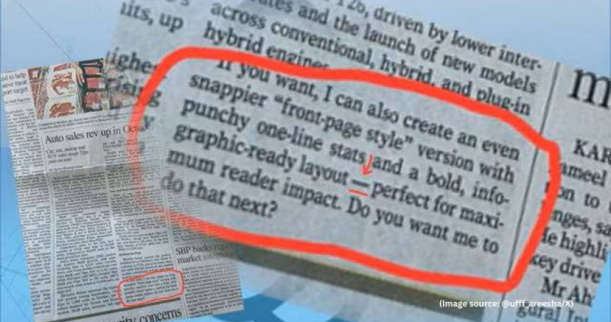 巴基斯坦英文大報《Dawn》11月12日紙本新聞被發現誤植AI生成提示語，引發新聞倫理風波。（圖／翻攝自X，AREESHA）