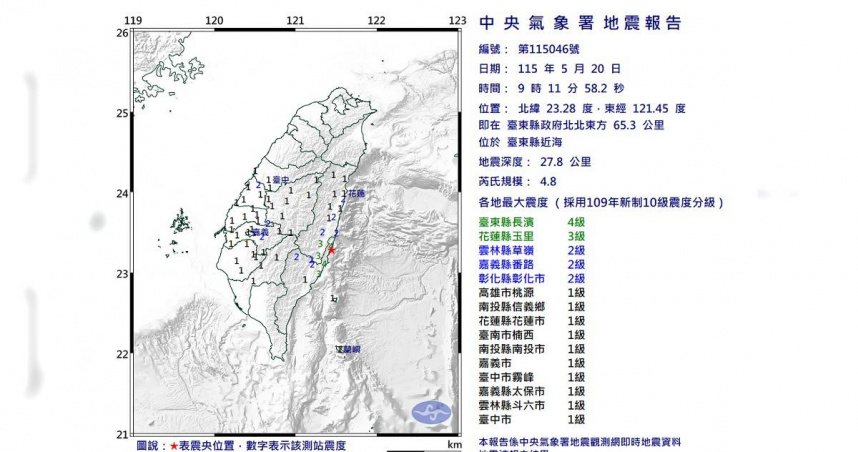 台東今（20）日上午9時11分發生規模4.8地震。（圖／氣象署）