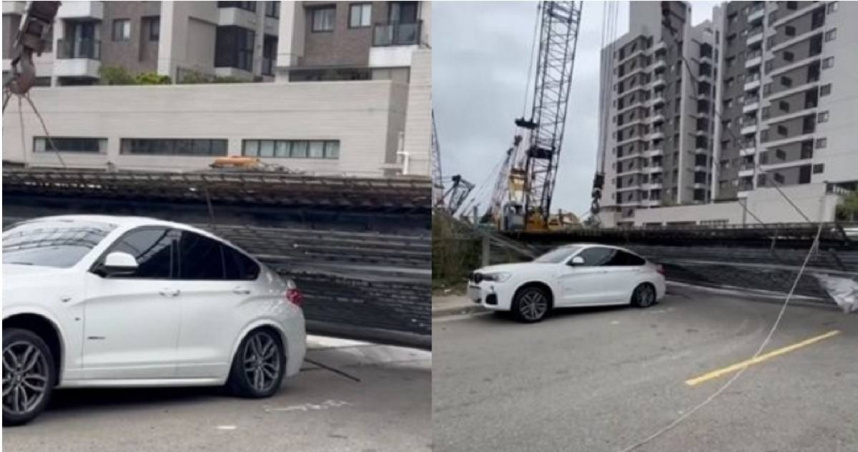 新北市八里區一處工地發生吊車意外，鋼筋籠脫落砸中一輛轎車，車主竟是工地主任。（圖／翻攝自爆料公社）
