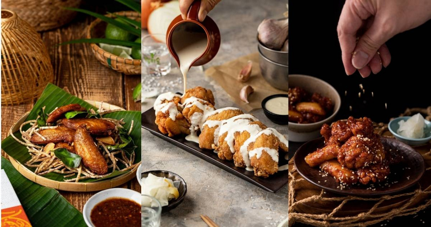 帕泰家「鳥籠芋絲炸雞翅」（左起，258元）、涓豆腐「韓式炸雞 洋蔥白醬」（358元）、北村豆腐家「首爾炸雞年糕」（158元）連假都推買一送一。（圖／豆府餐飲集團提供）