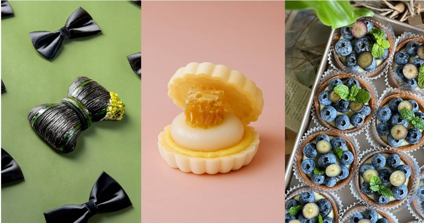 宜可頌「開心果生乳黑可頌」（左起，168元）、秋菓草莓大福專賣「輕檸蜂巢最中」（230元）、日曜甜塔製造所「藍莓卡士達塔」。（130元，圖／誠品生活提供）