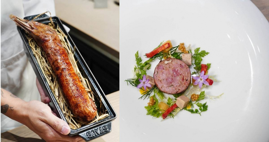 君尹夏季新菜可嘗到源自法國鄉村料理「鴨脖香腸」的「醞藏」，其搭配鴨肝、風乾西瓜、醃漬芥末籽與百香果凝膠，透過酸香與果香平衡風味。（套餐＋480元，圖／魏妤靜攝）