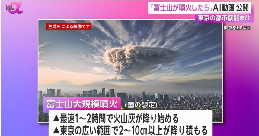 日本東京都首次公開1段用生成式AI製作的富士山噴發模擬影片。（圖／翻攝自《富士新聞網》）