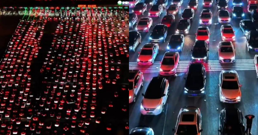 大陸最大收費站「安徽吳莊收費站」36條雙向車道塞滿返鄉車潮。（圖／翻攝自微搏／北京時間）