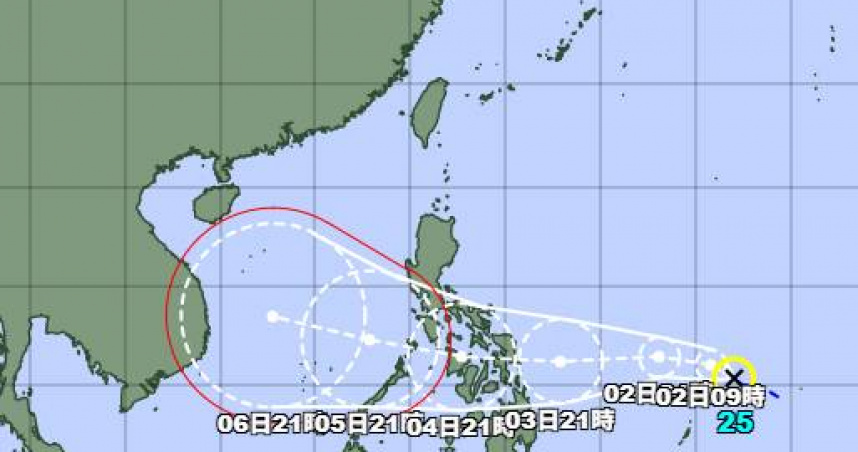 今年第25號颱風『海鷗』（Kalmaegi）生成，預計將穿越菲律賓進入南海，對台灣無直接影響。（圖／翻攝自日本氣象廳）