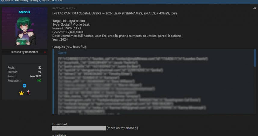 資安公司Malwarebytes證實，Instagram資料遭外洩，約1,750萬個帳號受影響。（圖／截自CyberInsider網站）