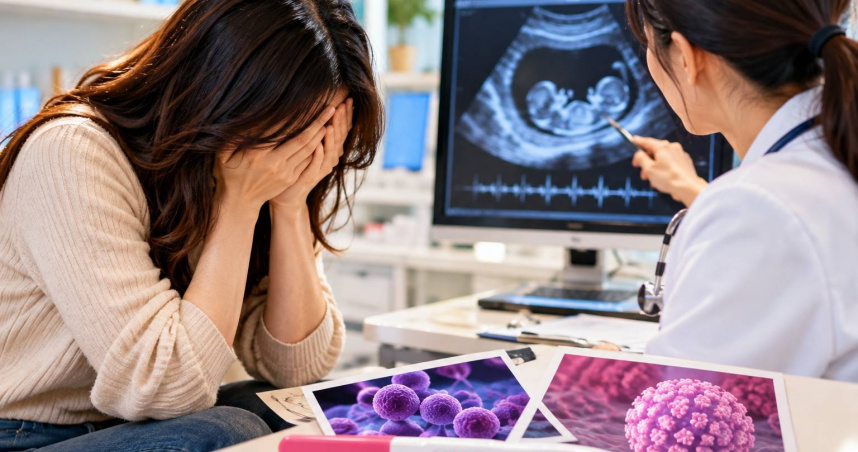 女子因私密處不適接受婦科檢查，沒想到驗孕呈陽性，超音波更發現胎兒已有心跳。（示意圖／AI生成）