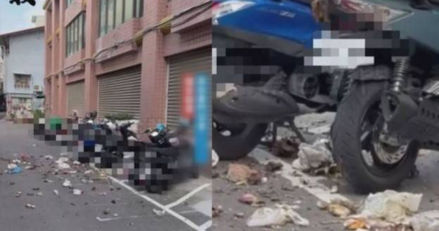 李姓住戶長期從8樓將垃圾推掃至1樓，導致下層遮雨棚及停放機車慘遭汙損。（圖／翻攝黑色豪門企業）